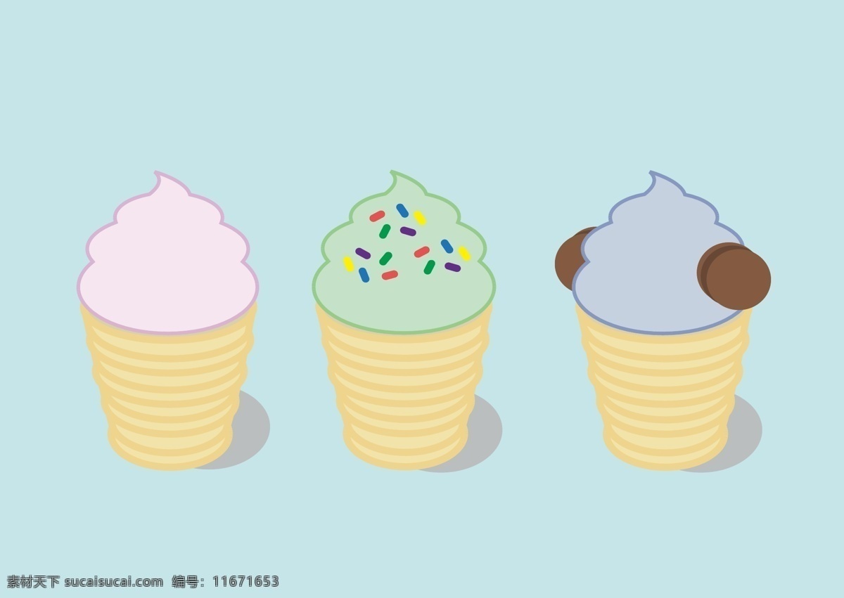三 款 可爱 甜筒 雪糕 卡通 可爱甜筒 ai格式 矢量图 美食插图 雪糕素材
