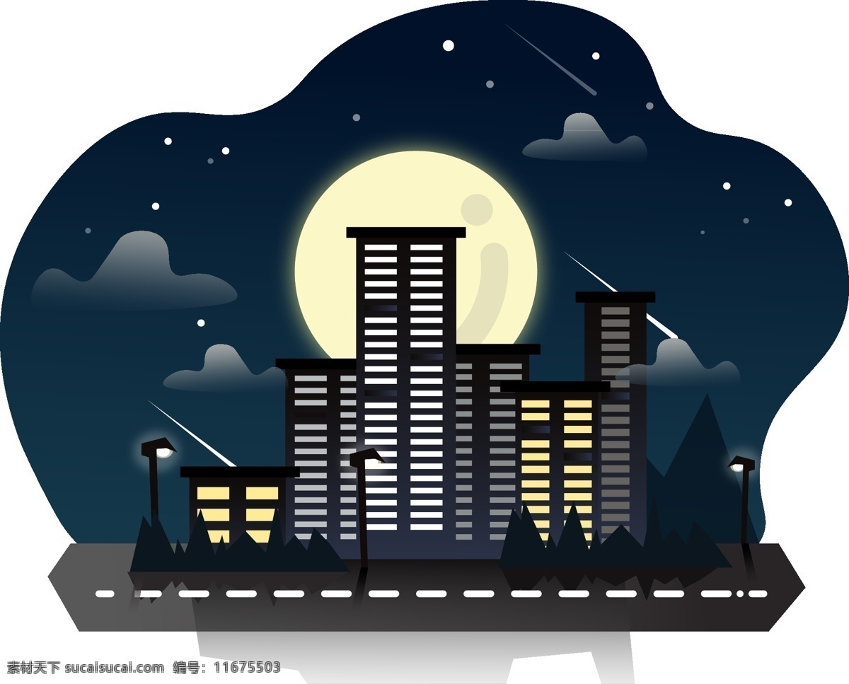 夜晚 月光 下 高楼 夏夜 小区楼 插画风 月亮 路灯 插画场景