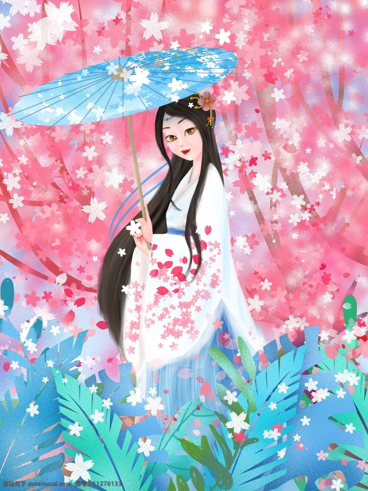 浪漫 樱花节 樱花 树下 打伞 古装 女子 春天 漫画 树叶 风景 粉色 樱花树 手绘 伞 裙子 自然 花 古装女子
