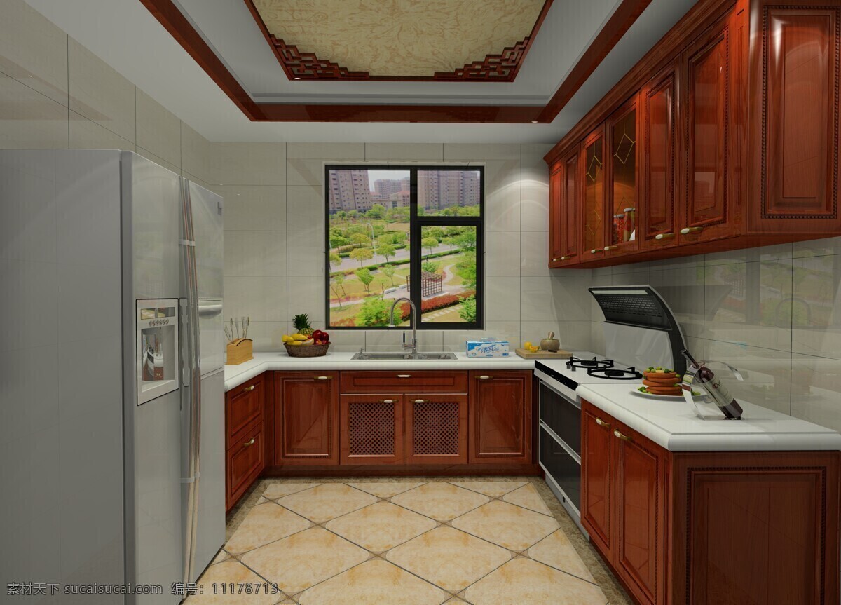 厨房 橱柜 3d 效果图 整体厨房 u型厨房 开放式厨房 石英石台面 实木橱柜 3d设计