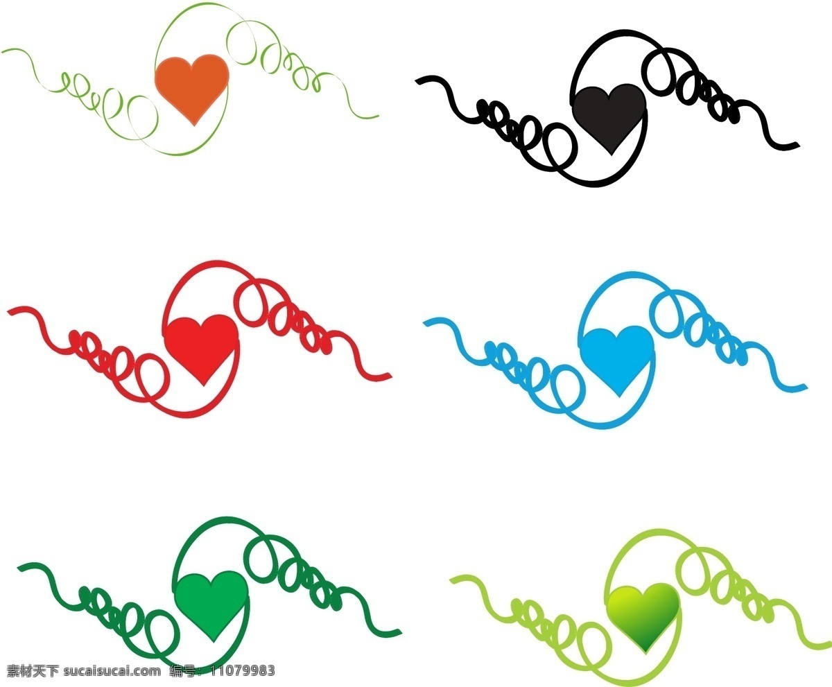 爱心藤条 6色款 多色线条 爱心 红心 图腾 6色纹身贴 矢量素材 其他矢量 矢量
