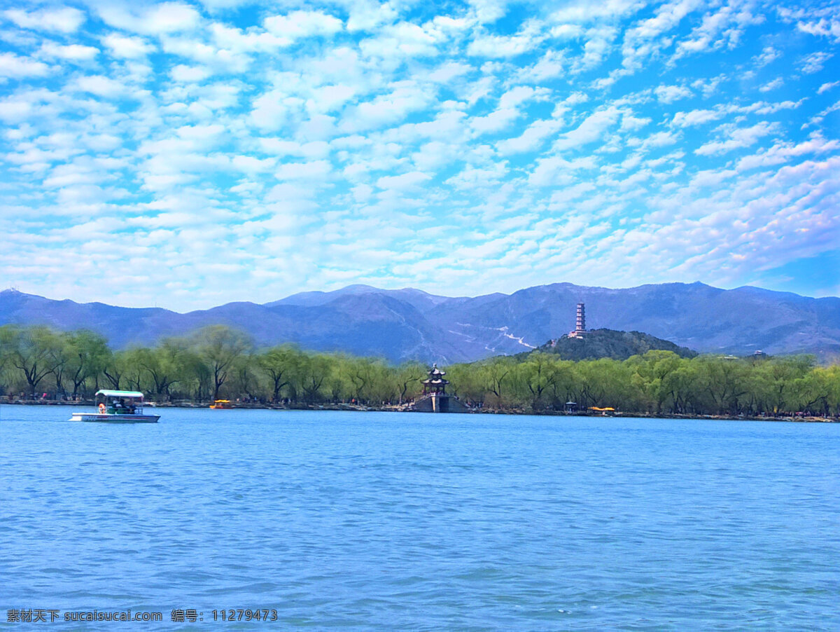北京颐和园 颐和园 北京 园林 皇家园林 蓝天 天空 白云 昆明湖 湖水 万寿山 垂柳 风景图 自然景观 自然风景