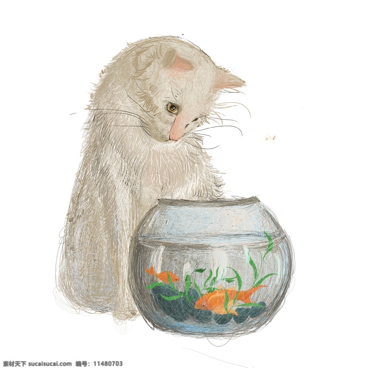 手绘 线圈 印象 盯 鱼缸 猫咪 温馨 线圈印象 插画 人物 萌宠 宠物 动物