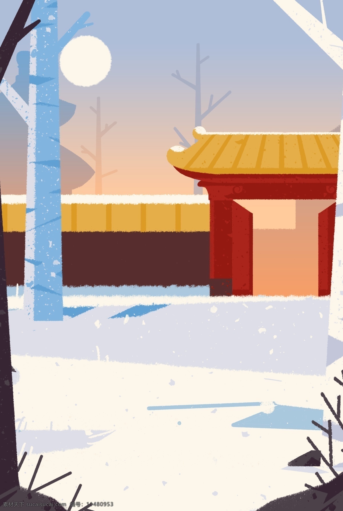 彩色 创意 冬季 春节 背景 雪地 白桦林 建筑 房屋 月亮 雪景 风景 景色