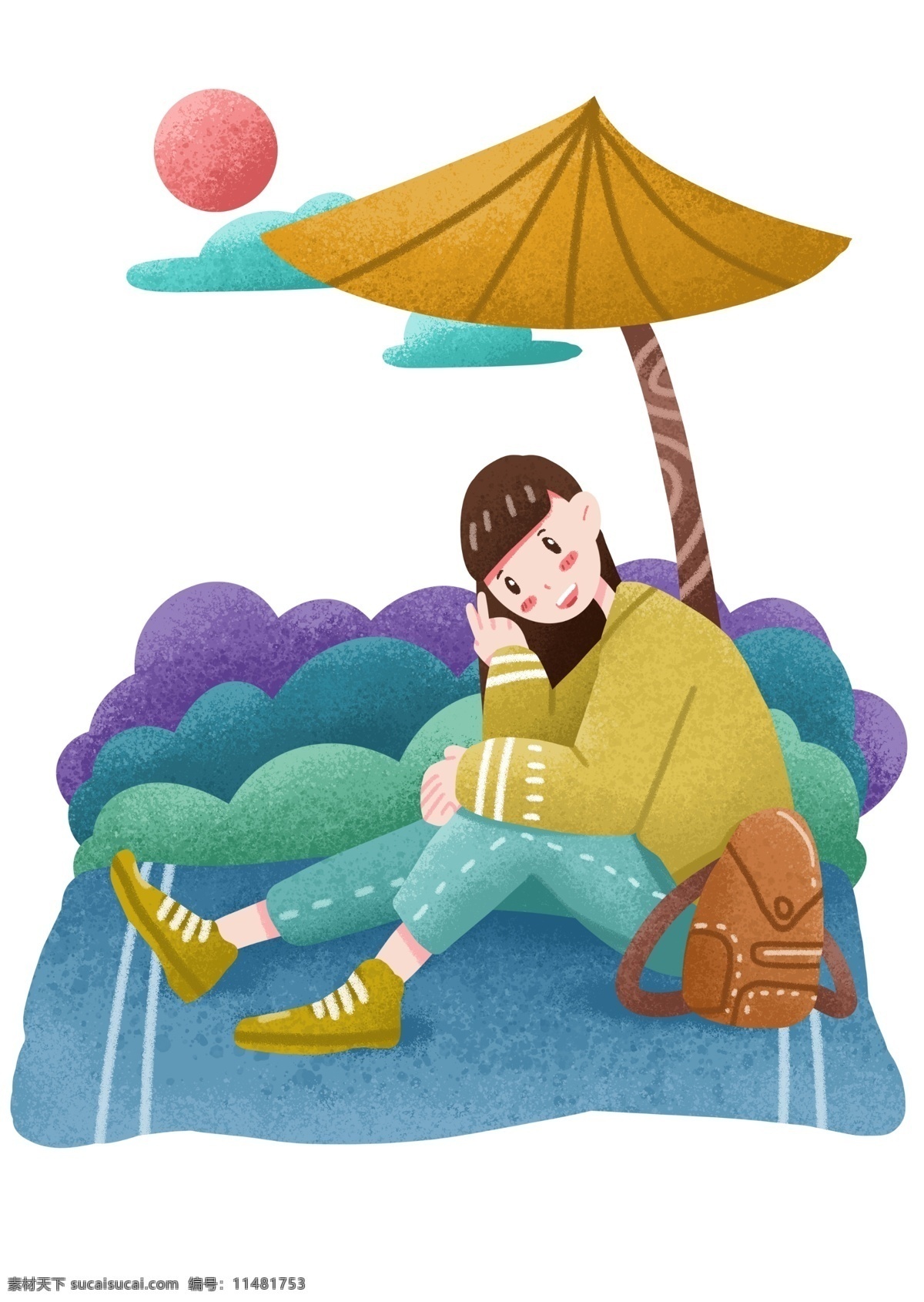 春游 休闲 踏青 插画 散心的女孩 卡通插画 春游踏青 郊游插画 春游插画 户外活动 休闲的踏青