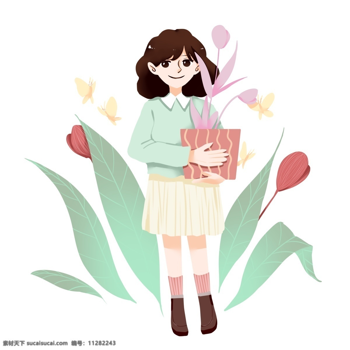 春游 踏青 盆栽 插画 粉色的盆栽 卡通插画 春游插画 踏青插画 游玩插画 郊游插画 漂亮的盆栽
