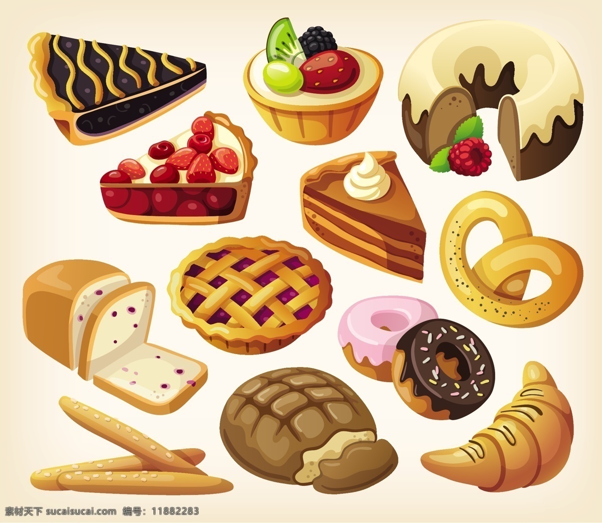 美味 卡通 甜点 糕点 矢量 蛋糕 面包 奶油蛋糕 矢量图 水果蛋糕 甜甜圈 蓝莓派 牛角面包 法式面包 其他矢量图
