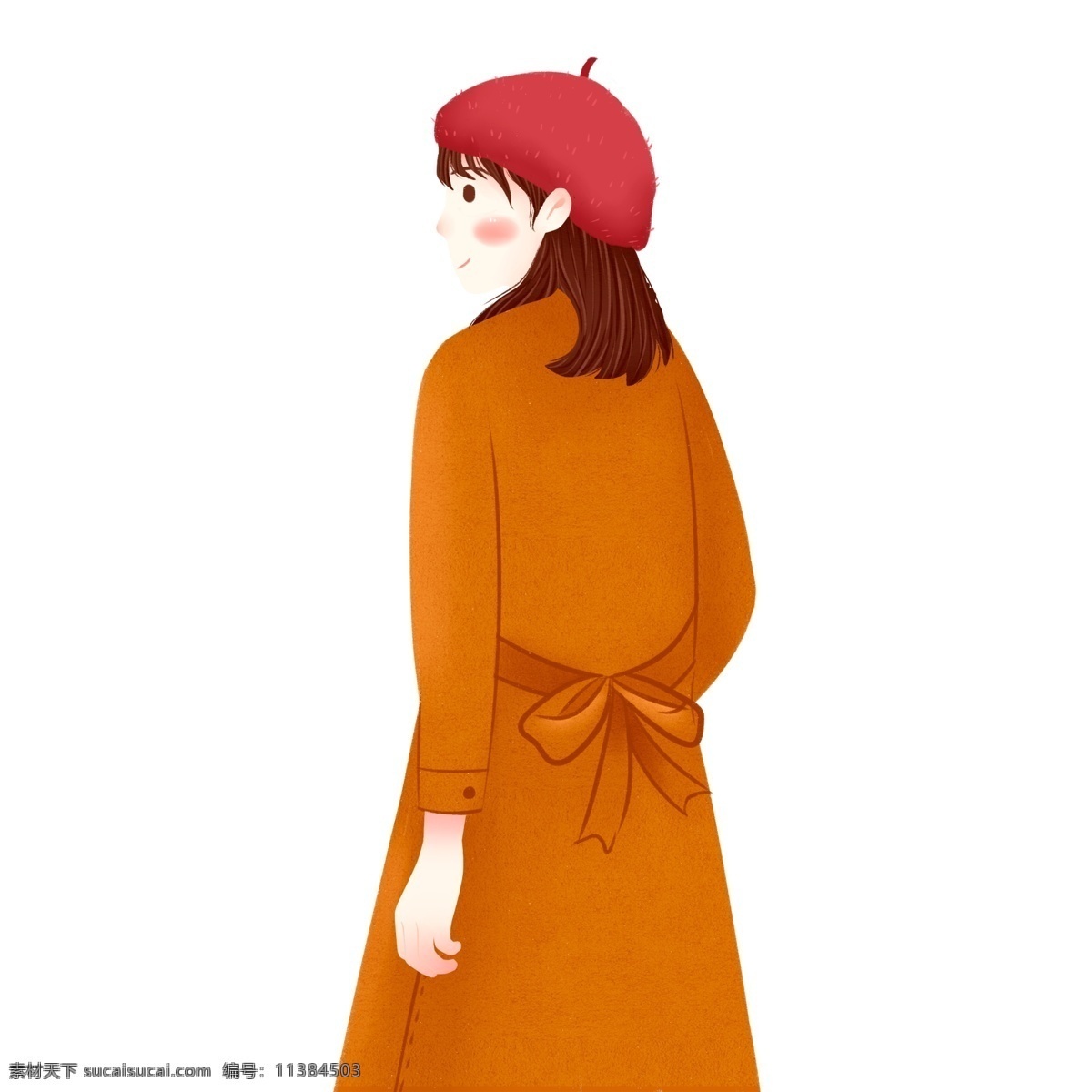 彩绘 穿着 橘 色 大衣 时尚 女生 人物 背影 人物插画 贝雷帽 时尚少女