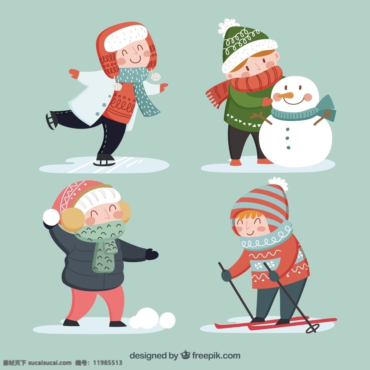 四 孩子 做 冬日 活动 人物 冬天 冬季 雪景 节日 卡通 雪人 滑雪