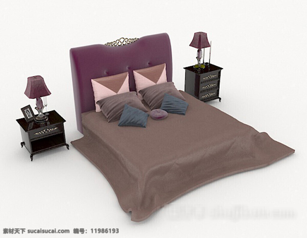 现代 简约 紫色 双人床 3d 模型 3d模型下载 3dmax 现代风格模型 复古风格 欧式风格