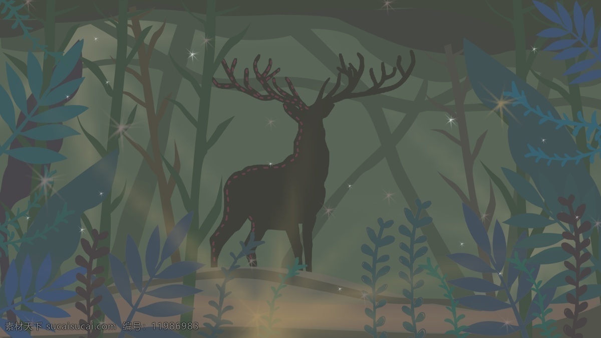 简约 清新 夜色 森林 中 鹿 手绘 插画 动物 花卉 植物 梅花鹿 小清新 林深见鹿 暗色系