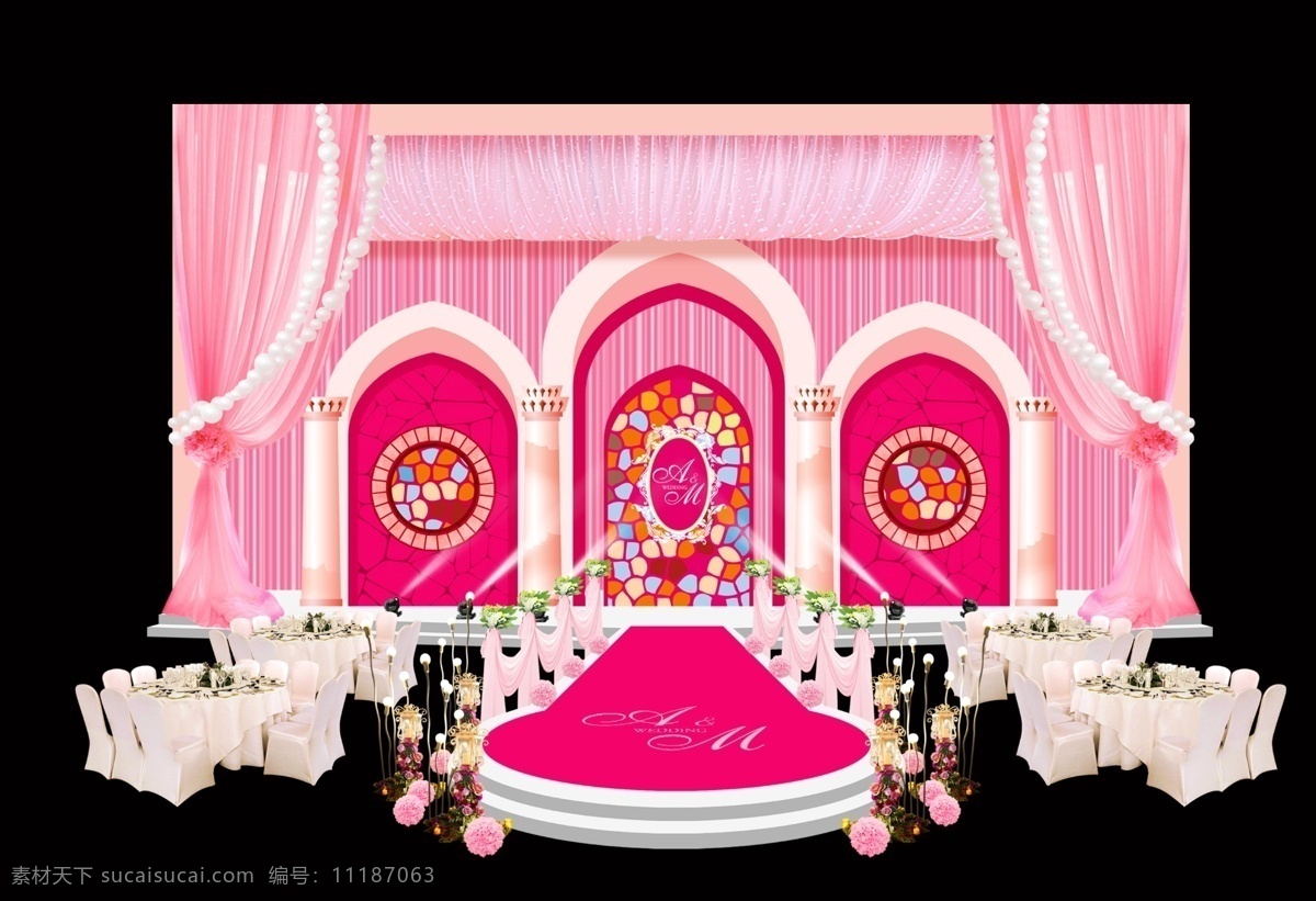 主舞台效果图 婚礼 粉色 效果图 欧式拱门 琉璃玻璃墙 黑色