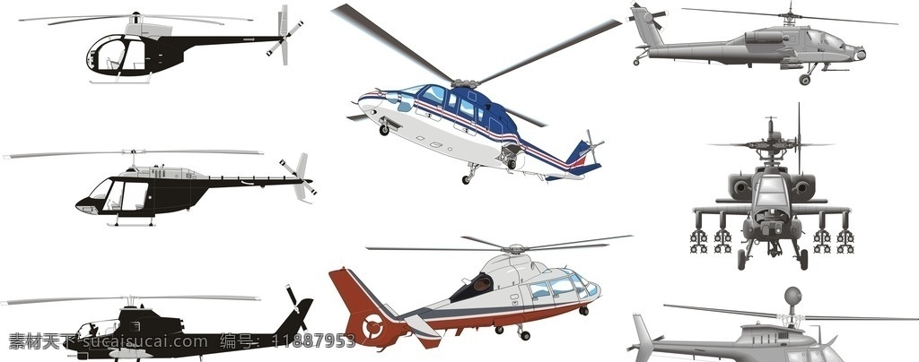 直升机效果图 cdr格式 7款 直升机 多角度 矢量图 战斗机 直升飞机 现代科技 军事武器