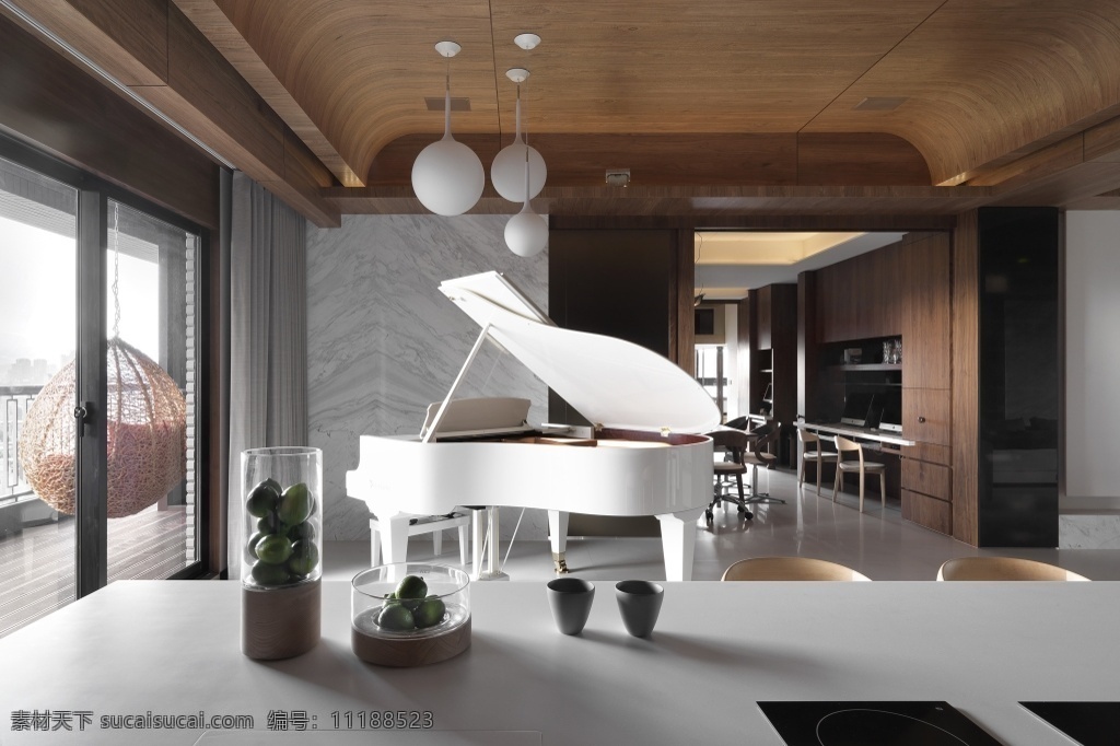 简约 开放式 厨房 米色 大理石 台面 装修 效果图 窗户 钢琴 个性吊灯 开放式厨房