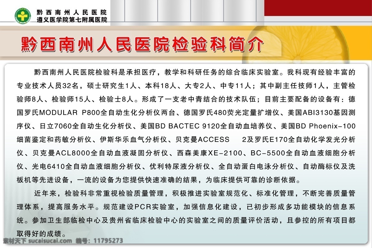 暗红色 广告设计模板 柠檬片 医院标志 医院展板 源文件 展板模板 医院 院 检验科 简介 淡蓝色底 黄色和长方形 质感灰色广场 其他展板设计