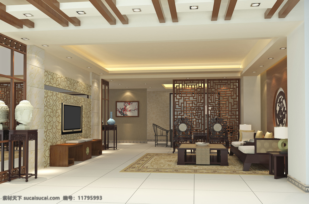 新 中式 大厅 客厅 效果图 室内设计 现代简约 装修 家居装饰素材