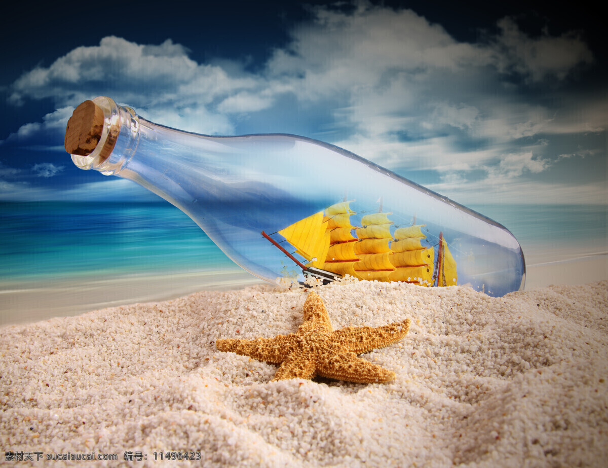 沙子 上 幸运 瓶 海星 贝壳 海螺 海洋生物 沙滩 海滩 夏日海洋风景 大海图片 风景图片