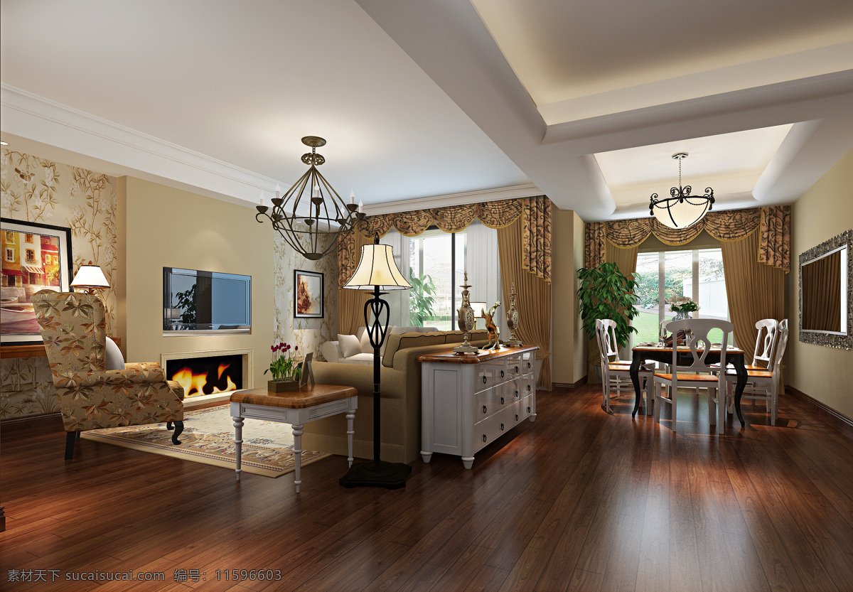 欧式 清雅 客厅 吊灯 室内装修 效果图 木地板 客厅装修 木制餐桌