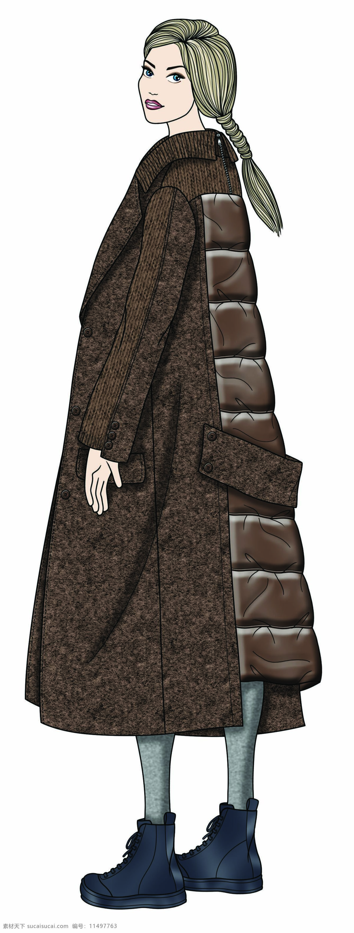 温婉 美丽 褐色 大 外套 女装 服装 效果图 长发模特 服装效果图 褐色外套 裤子 上衣