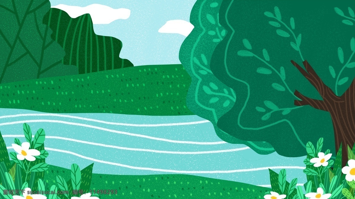 扁平化 树木 河流 背景 绿色 背景素材 卡通背景 卡通 插画背景 广告背景 psd背景 手绘背景