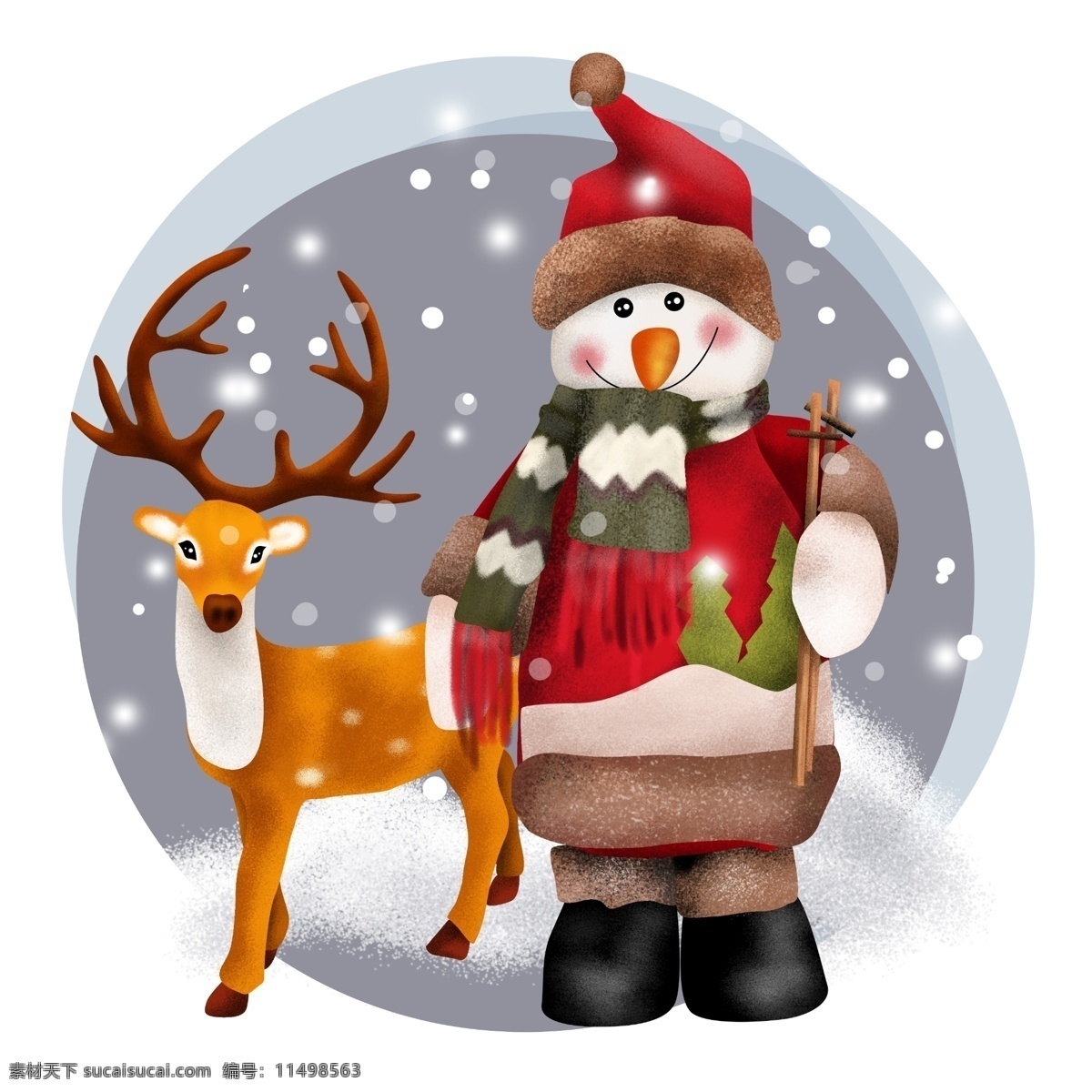手绘 圣诞 卡通 装饰 圣诞节 雪人 插画 雪山 圣诞夜 圣诞帽 麋鹿 驯鹿 雪 圣诞装饰 鹿