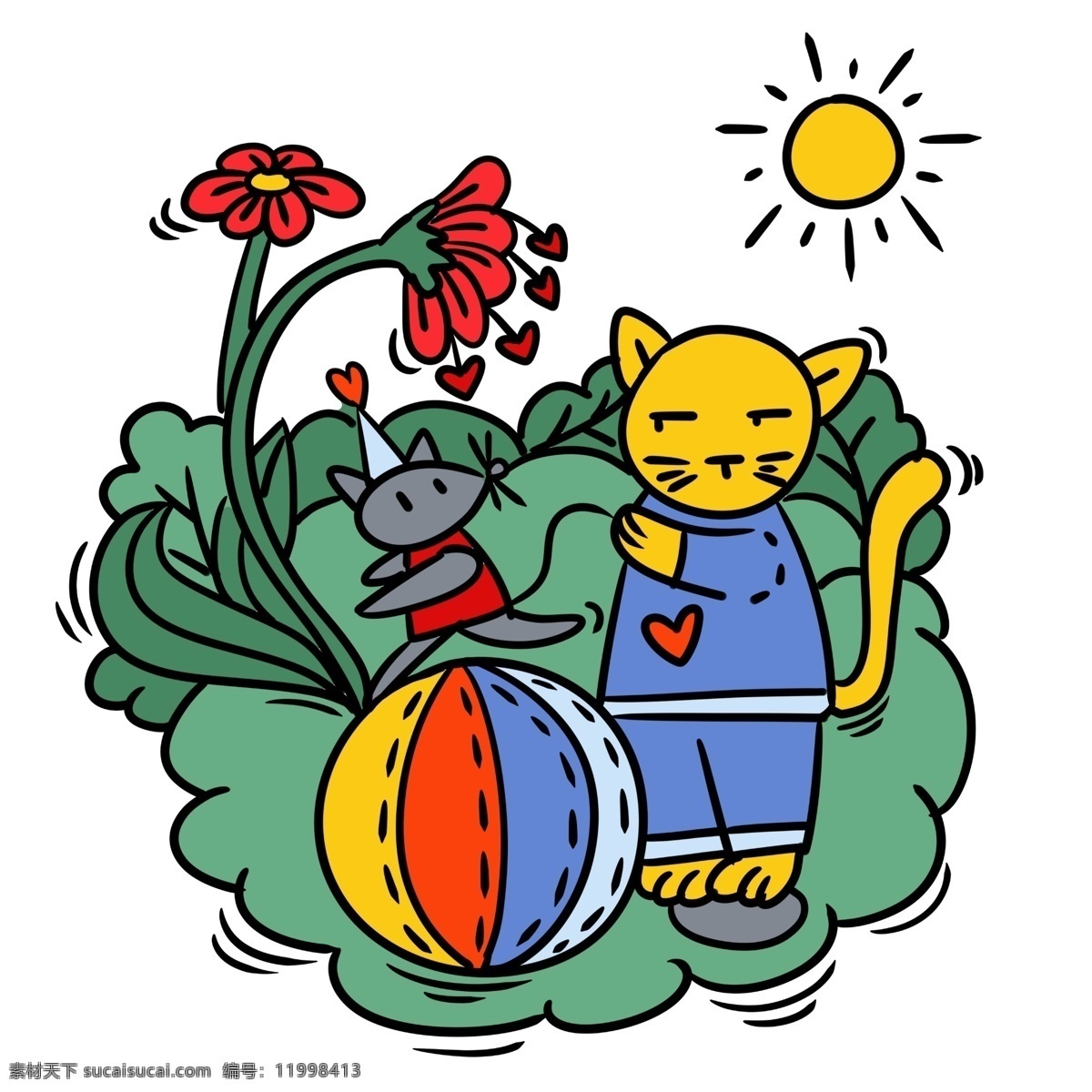 手绘 卡通 可爱 梦幻 童话 猫和老鼠 矢量 免抠 皮球 太阳 树叶 草地 儿童故事 花朵