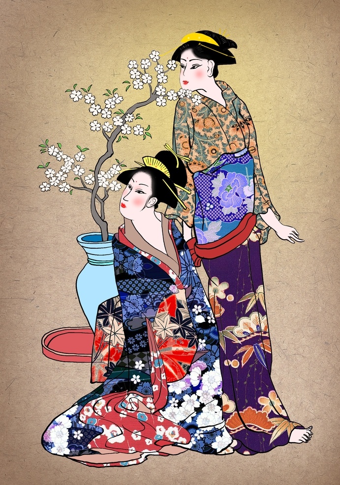 浮世绘 日本和风 侍女 插画 2019 装饰 图案 花纹样 和服 日式 纹理 分层