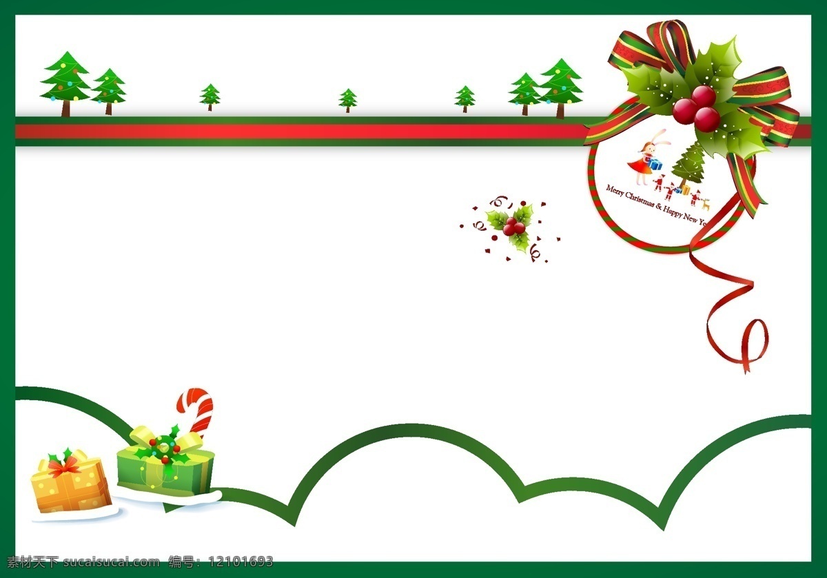 矢量 圣诞节 卡通 边框 背景 冬季 礼物 绿色 手绘 松枝 童趣