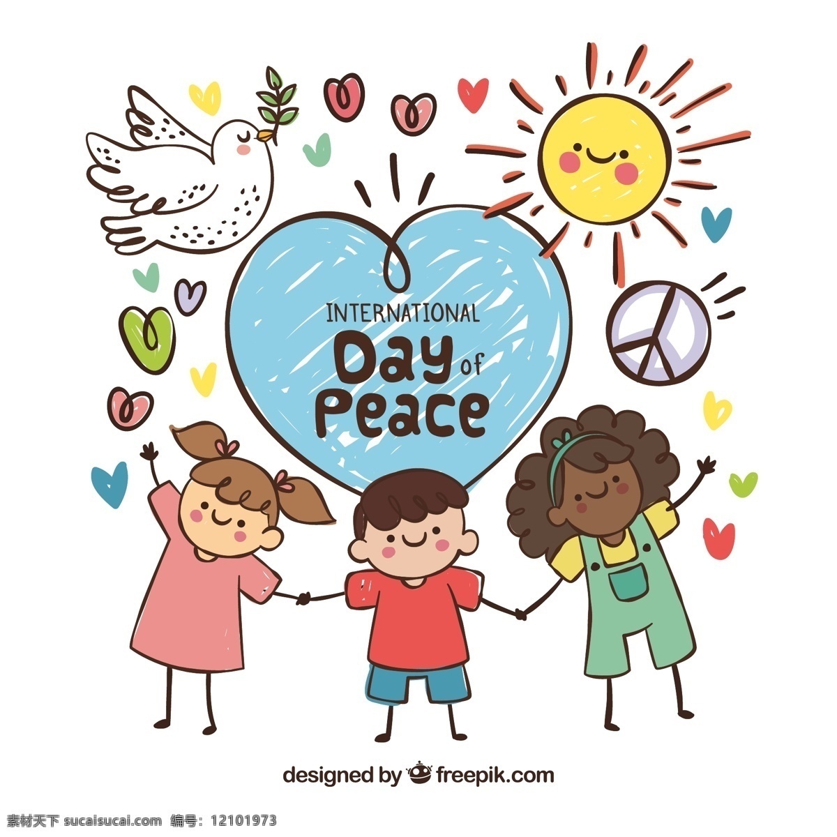 彩绘 国际 平日 牵手 儿童 矢量 鸽子 太阳 爱心 男孩 女孩 nternational day of peace 国际和平日 动漫动画 动漫人物