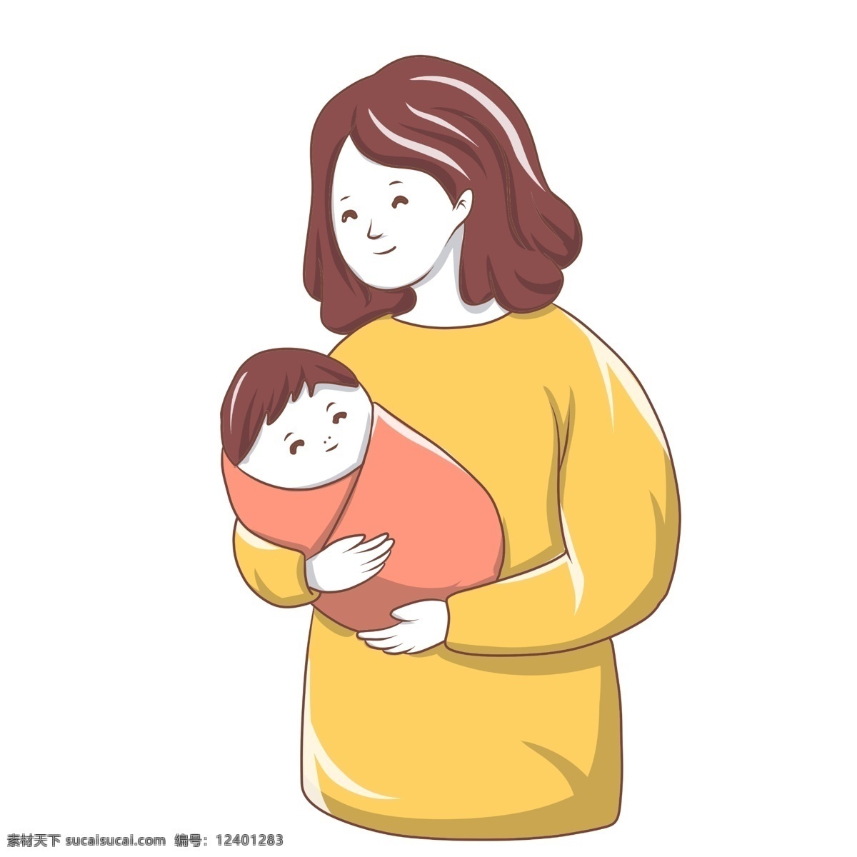 妈妈 抱 新生儿 插画 伟大的母亲 微笑的妈妈 裹 婴儿 可爱的宝宝