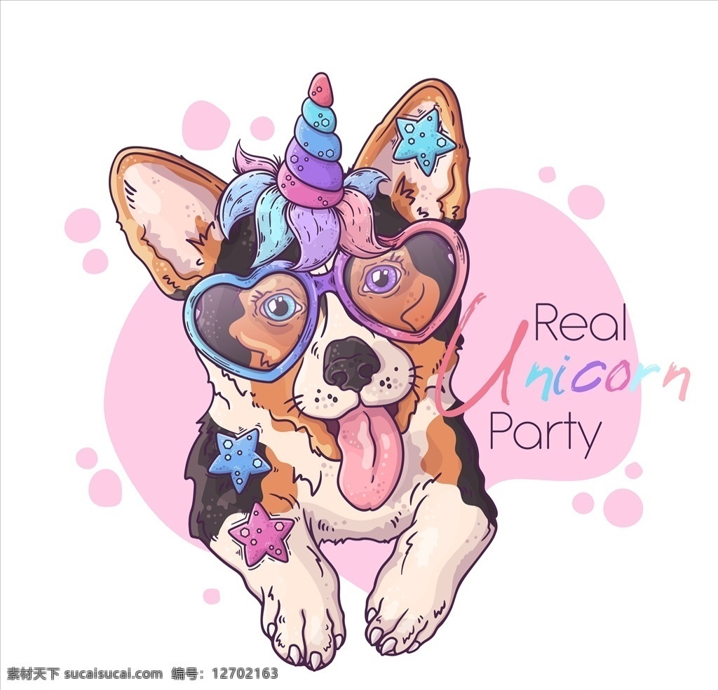 粉色狗狗插画 可爱 威尔士 柯基犬 狗 宠物 粉色 独角 气球 动物 生物世界 家禽家畜 底纹边框 其他素材