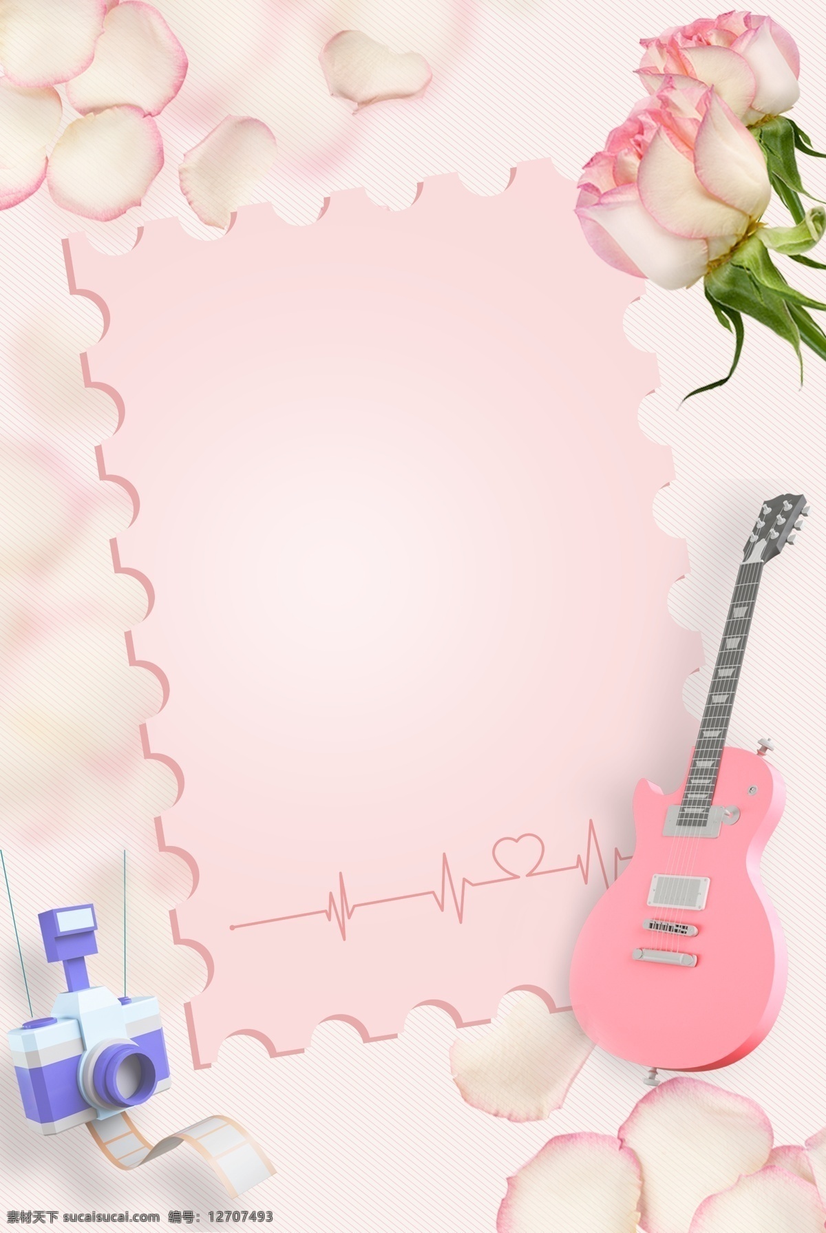 粉色 信纸 花朵 背景 图 粉红玫瑰 粉色花朵 花瓣背景 吉他 3d立体元素 相机 心跳 唯美520 520表白节