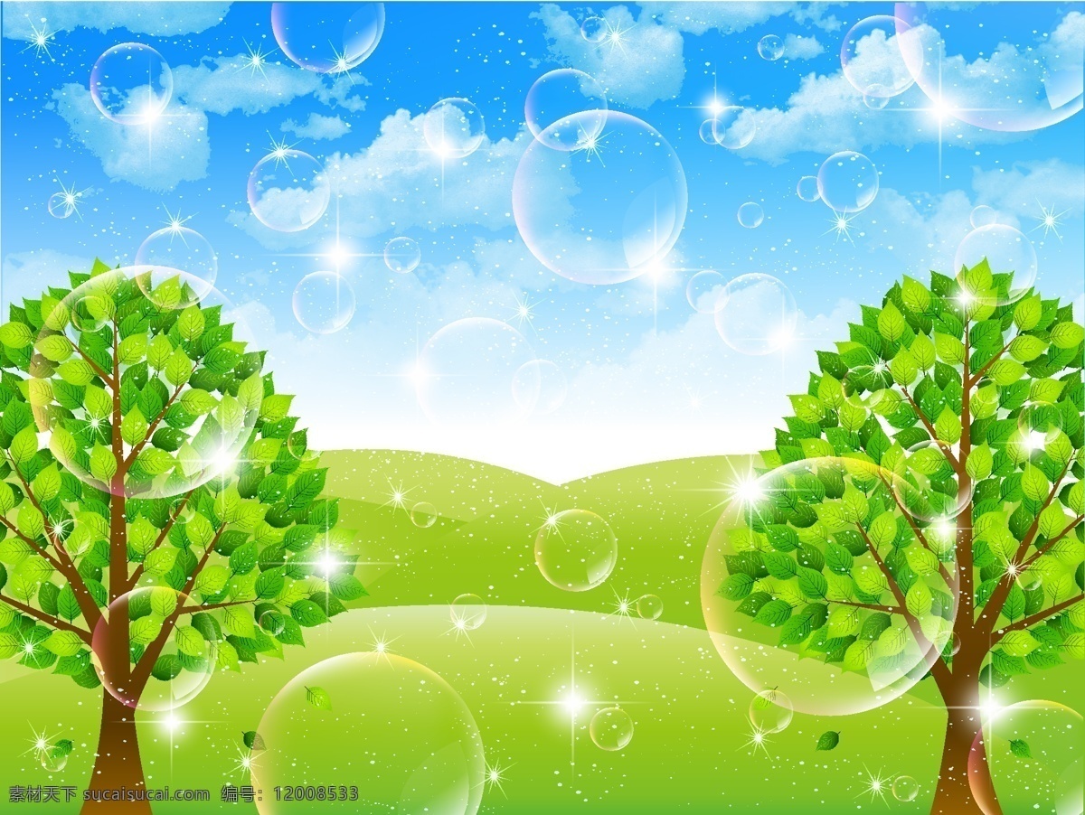 梦幻 气泡 绿树 背景 白云 草地 蓝天 树木 天空 星光 植物 矢量图 其他矢量图