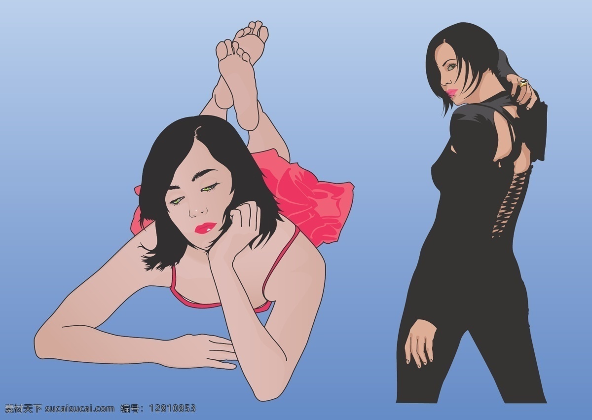性感 女孩 女生 矢量图 比基尼 黑衣 矢量人物