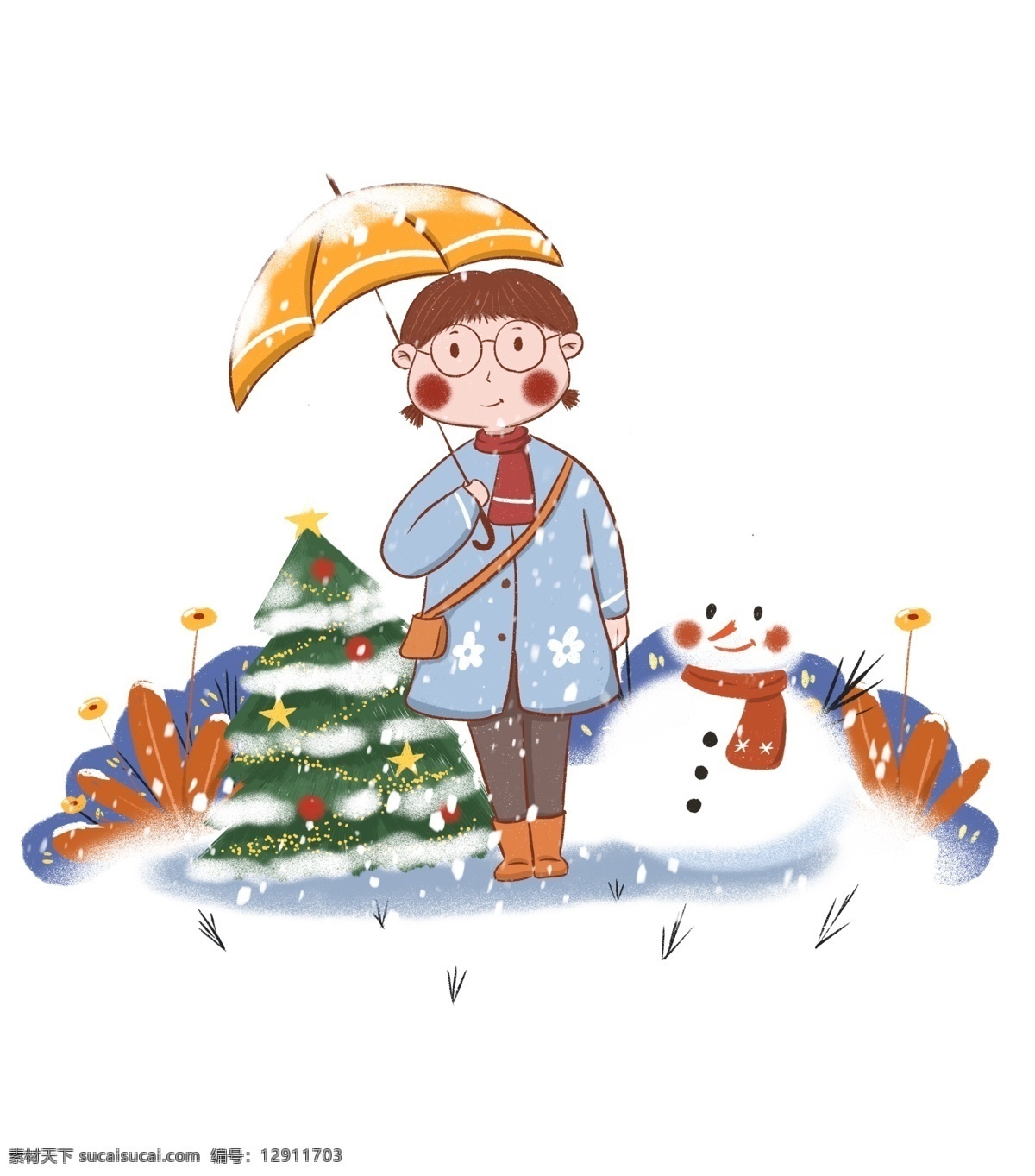 手绘 小 清新 冬季 雪 中 打伞 女生 雪景 圣诞节 圣诞树 下雪 大雪 小雪 雪人 植物 绿植 五角星 小黄伞 打伞的人 手绘人物