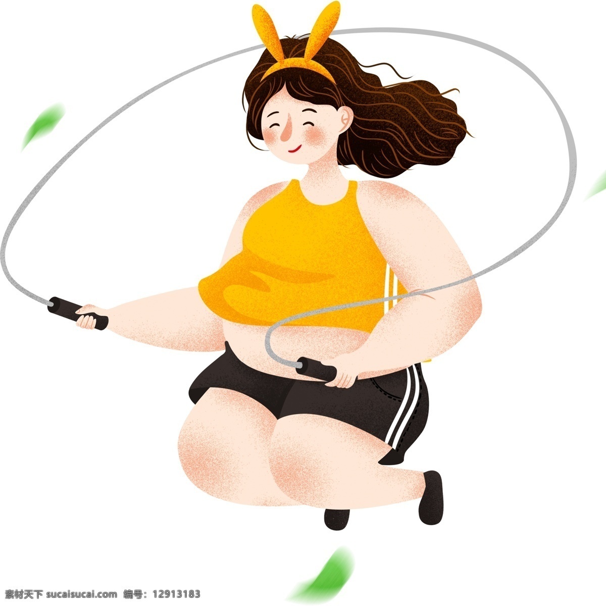 可爱 女孩 跳绳 插画 黄色衣服 健身 卡通 彩色 水彩 创意 手绘 绘画元素 现代 简约 装饰 图案