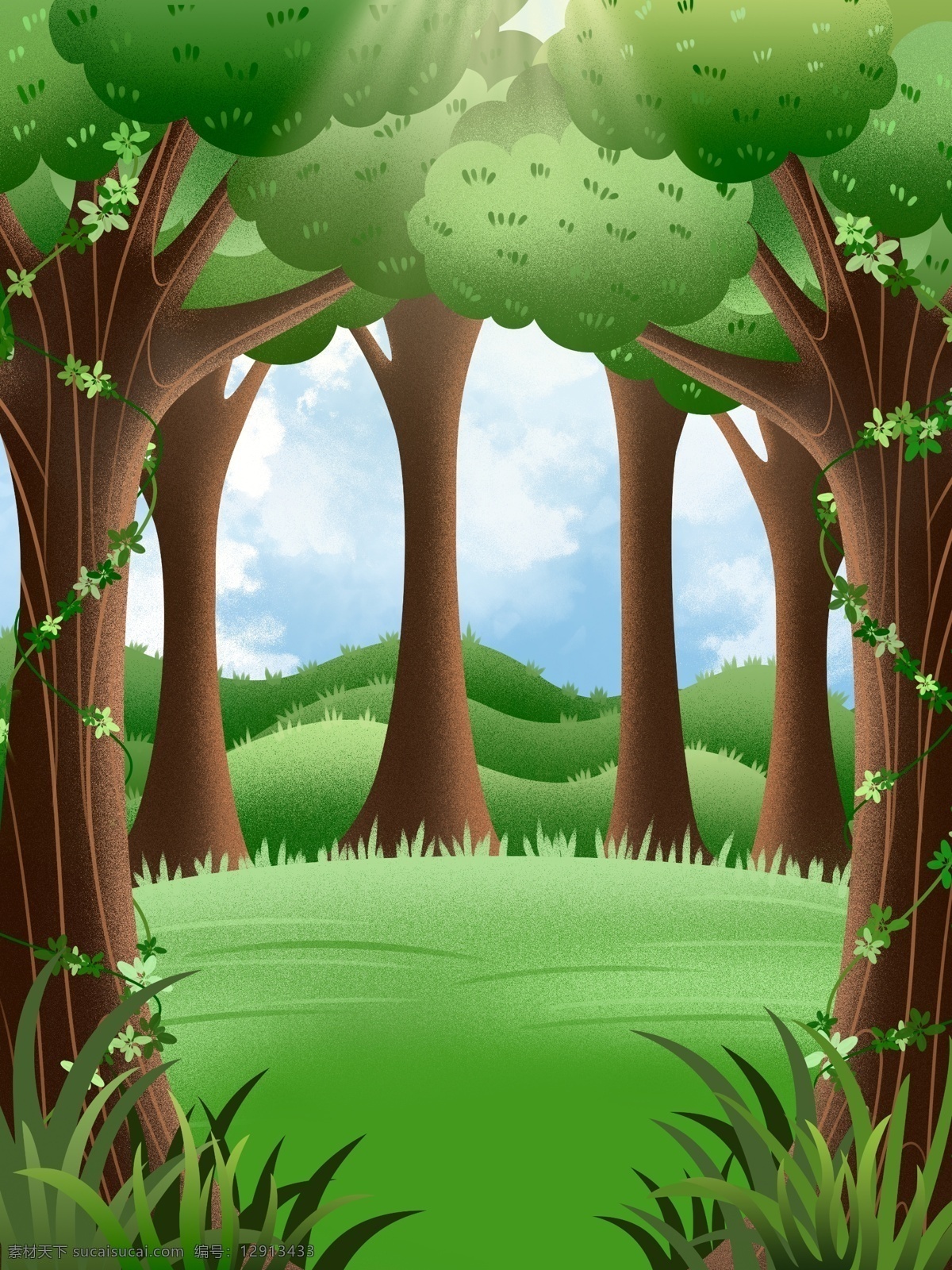 春季 唯美 手绘 树林 背景 景色插画背景 手绘背景 森系背景 树林背景 树叶背景 绿色背景