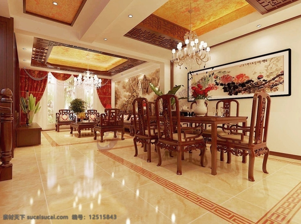 中国 风 客厅 餐厅 装修 效果图 中国风 复古 红木家具