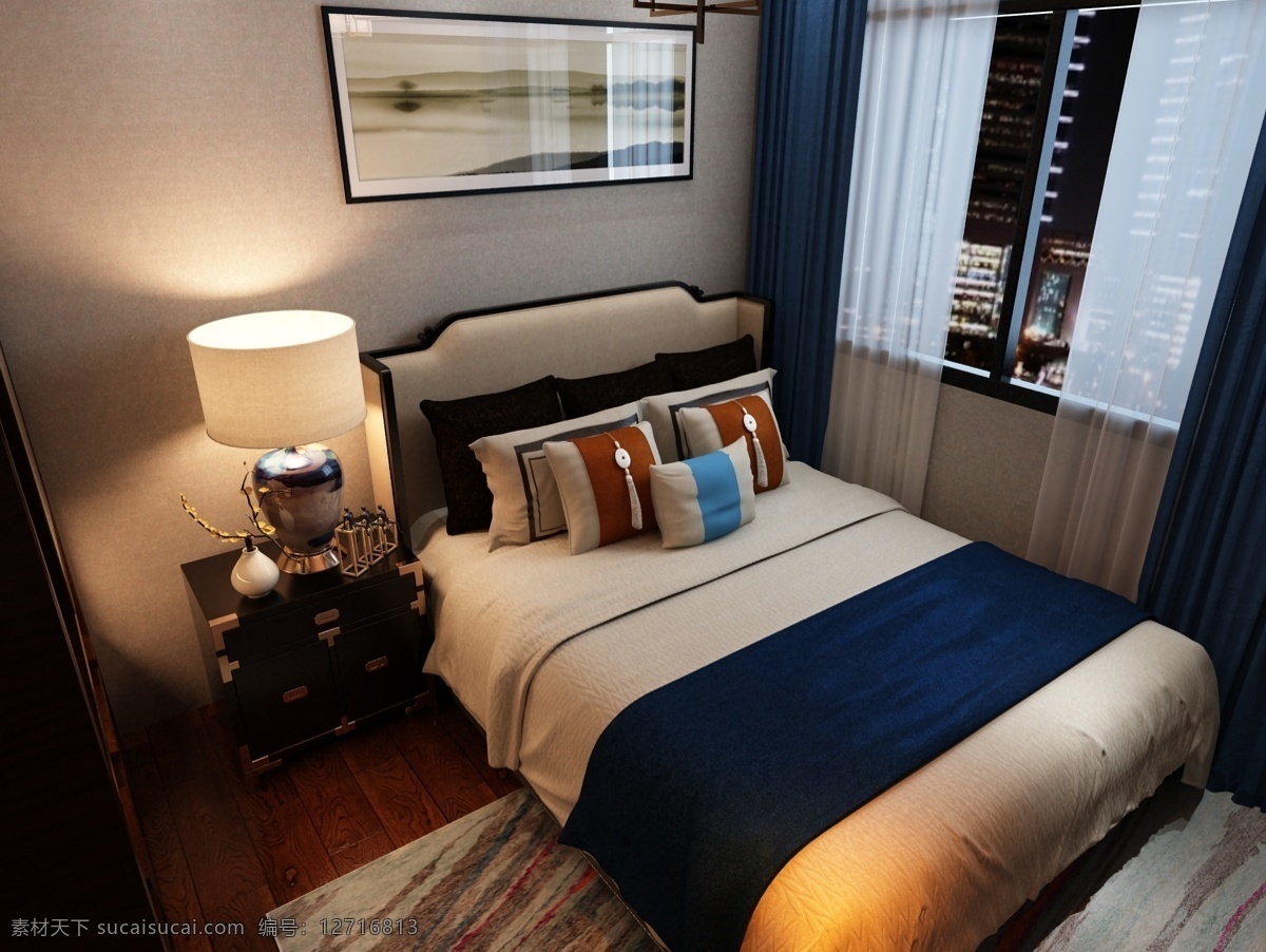 大气 新 中式 卧室 空间 装饰 效果 挂画 灯具 地板 衣柜 窗帘 双人床 装饰地毯