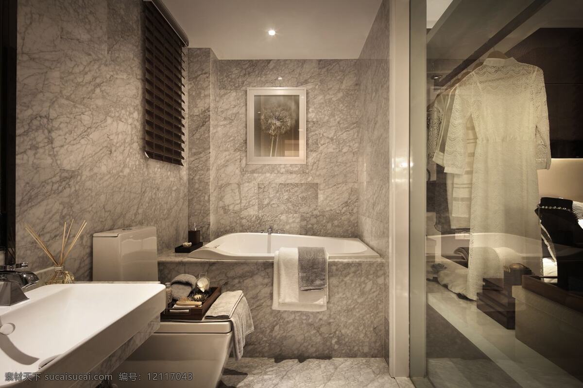 简约 卫生间 浴缸 装修 效果图 白色灯光 白色射灯 方形吊顶 灰色地板砖 灰色墙砖