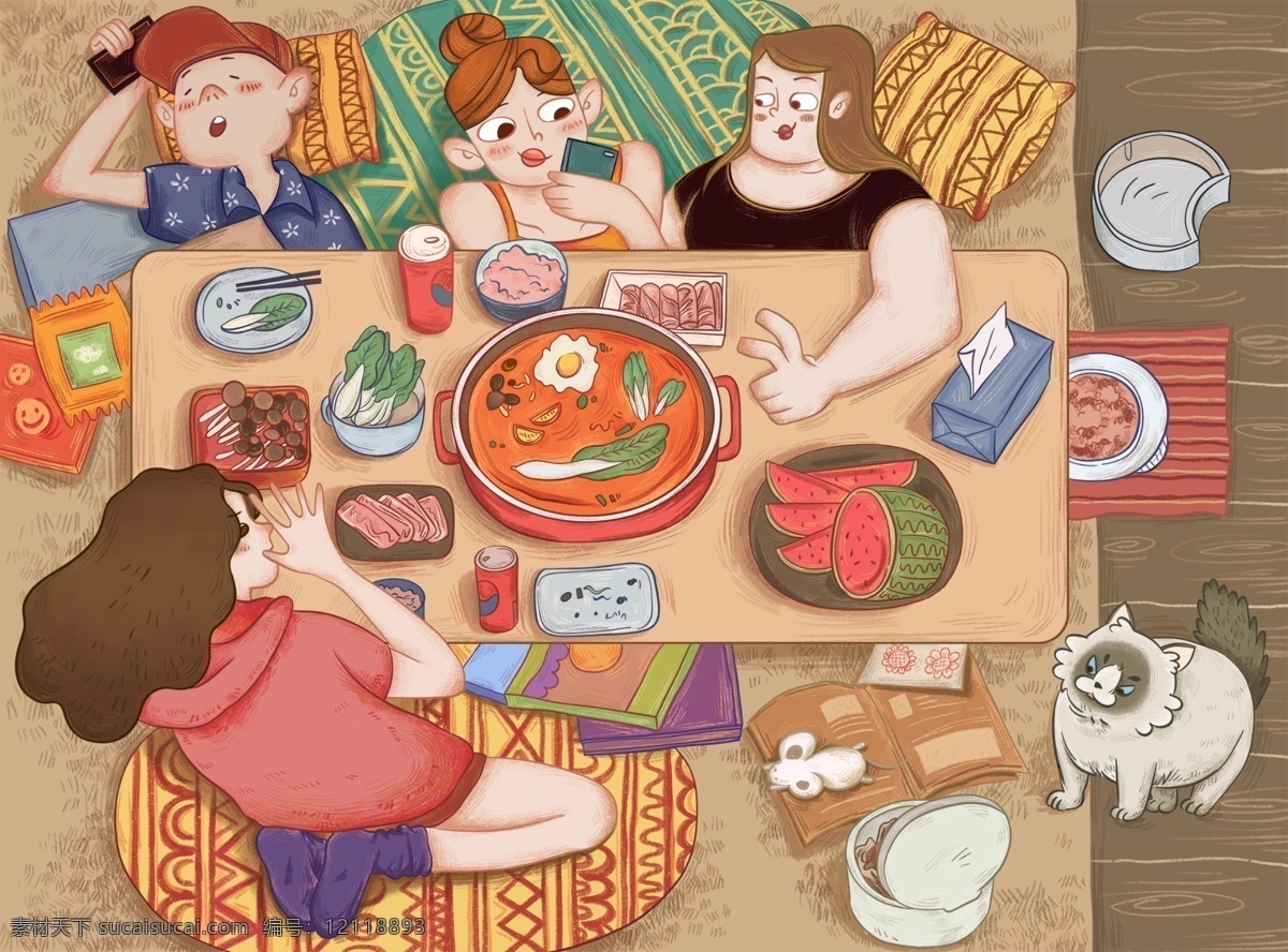 夏季 团聚 人物 聚餐 插画 卡通 清新 类 背景 分层
