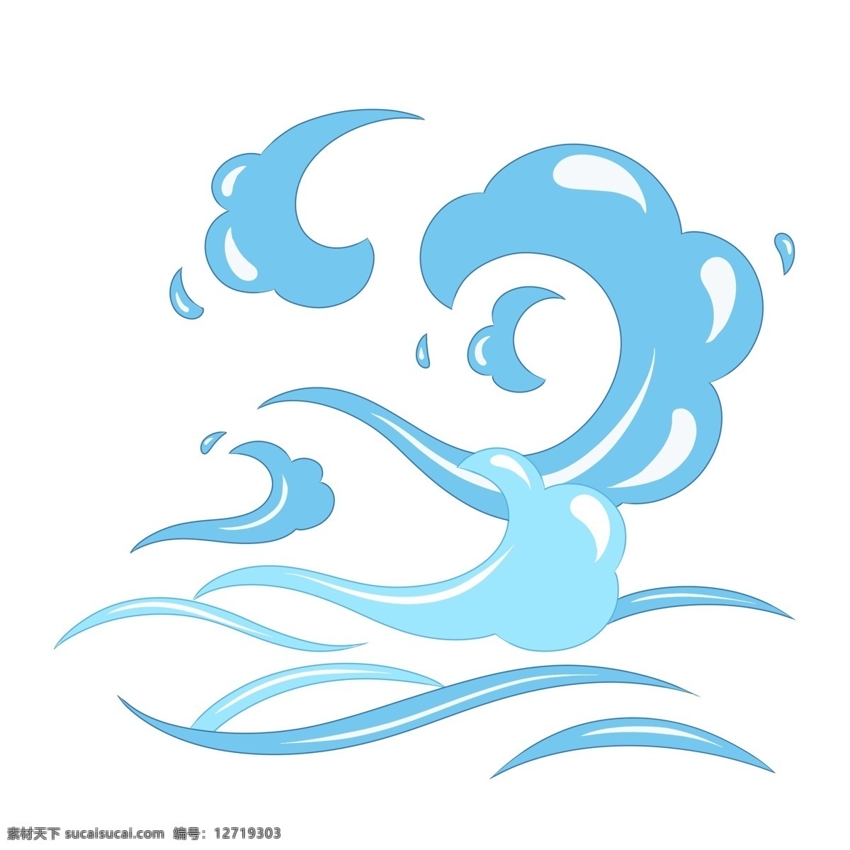海浪 蓝色 中国 风 浪花 简约 中国风 水滴 水花 波纹 装饰图案 卡通手绘风格 免抠图 可改颜色