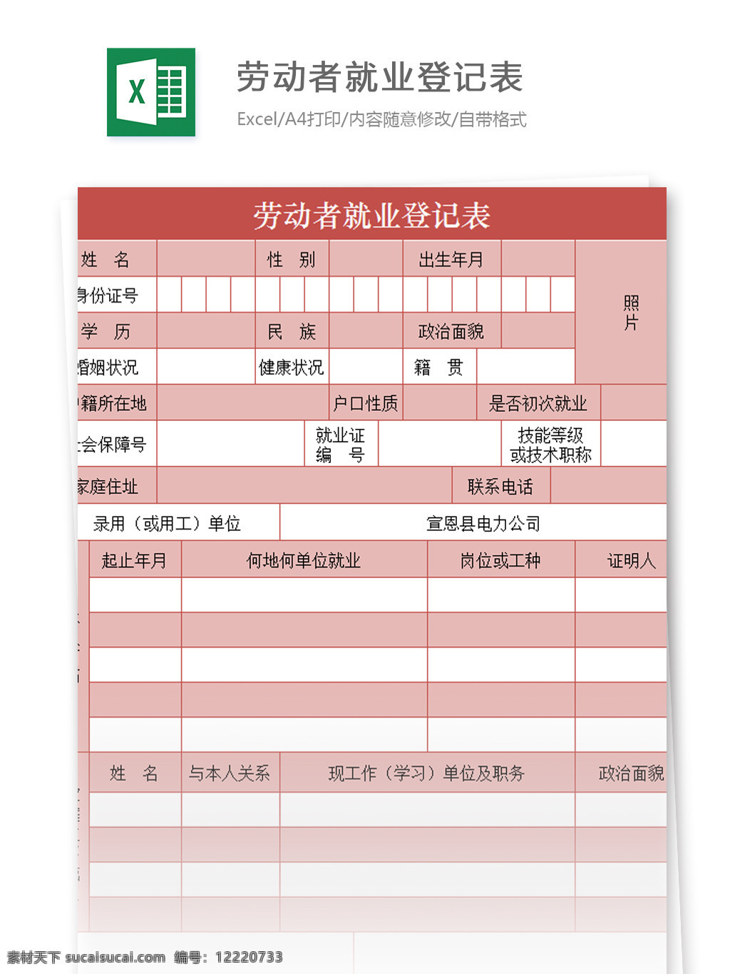 劳动者 就业 登记表 excel 模板 表格模板 图表 表格设计 表格