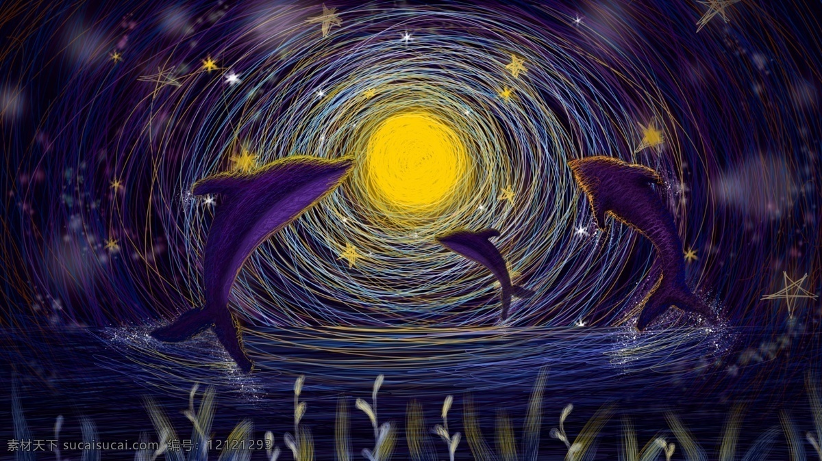 线圈 治愈 奇妙 星空 下 海豚 海面 跳跃 插画 治愈系 紫色调