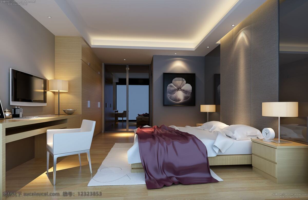 主 卧室 3d设计 床 灯 电视 室内设计 衣柜 主卧室 装饰素材