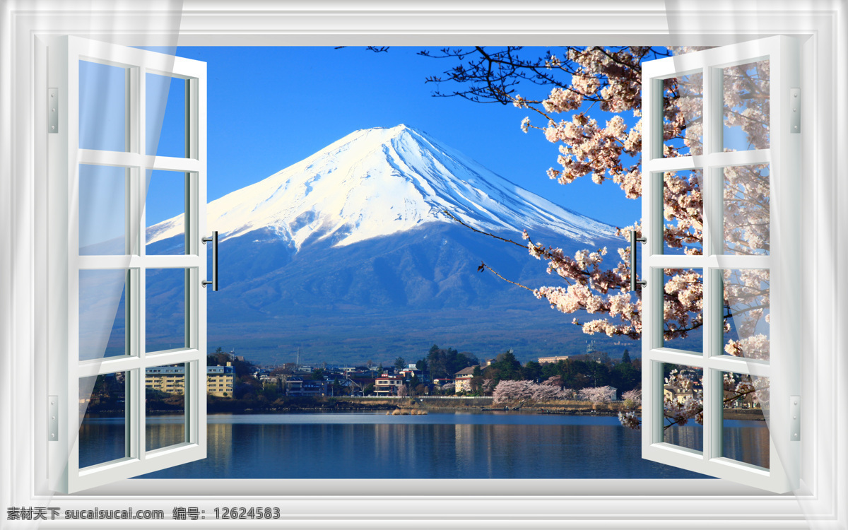 富士山 窗户 蓝天 雪山 打开窗 窗外 白色 天空 自然景观 自然风光