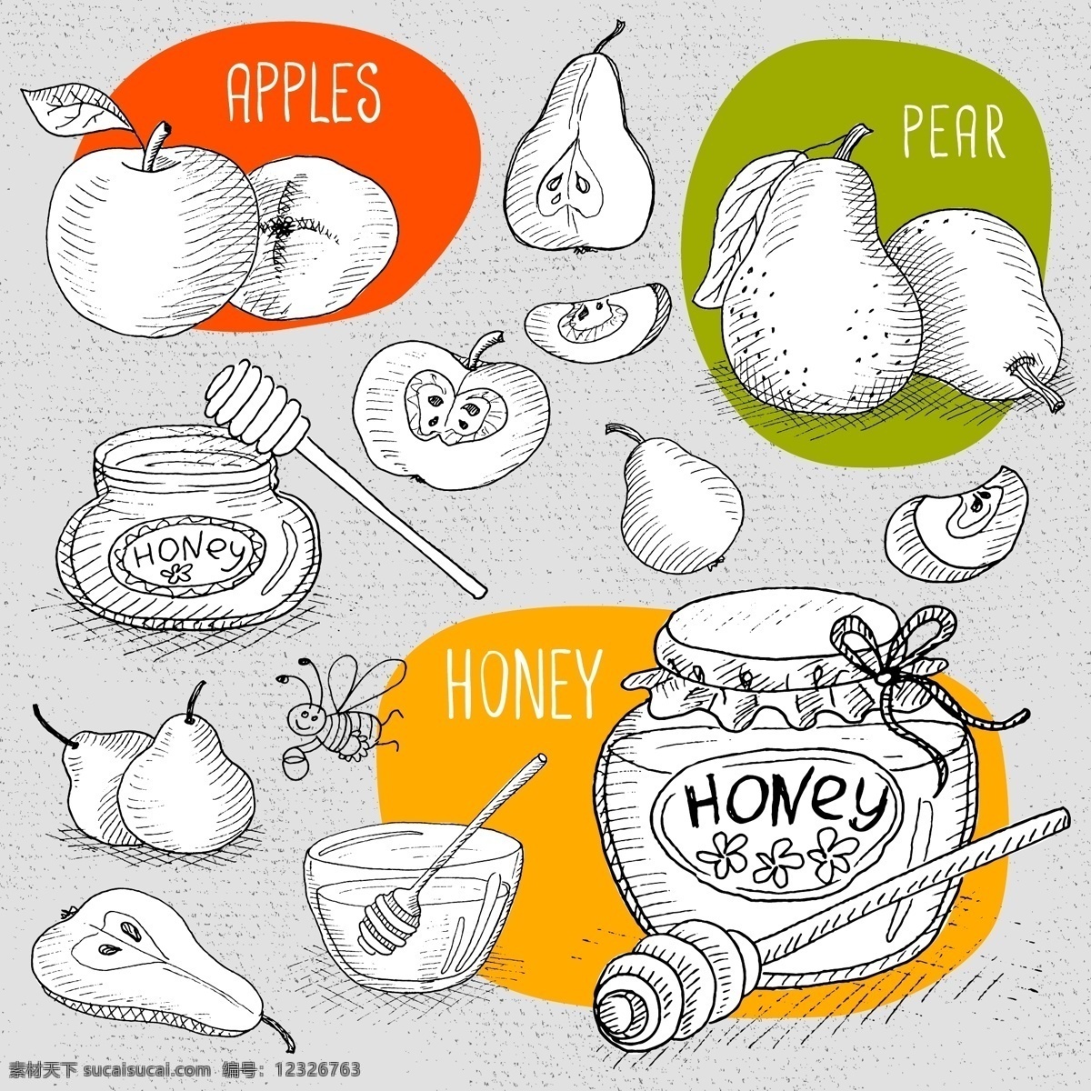手绘 水果 果酱 插画 素描 桔子 梨 蜂蜜 美味 蜜蜂