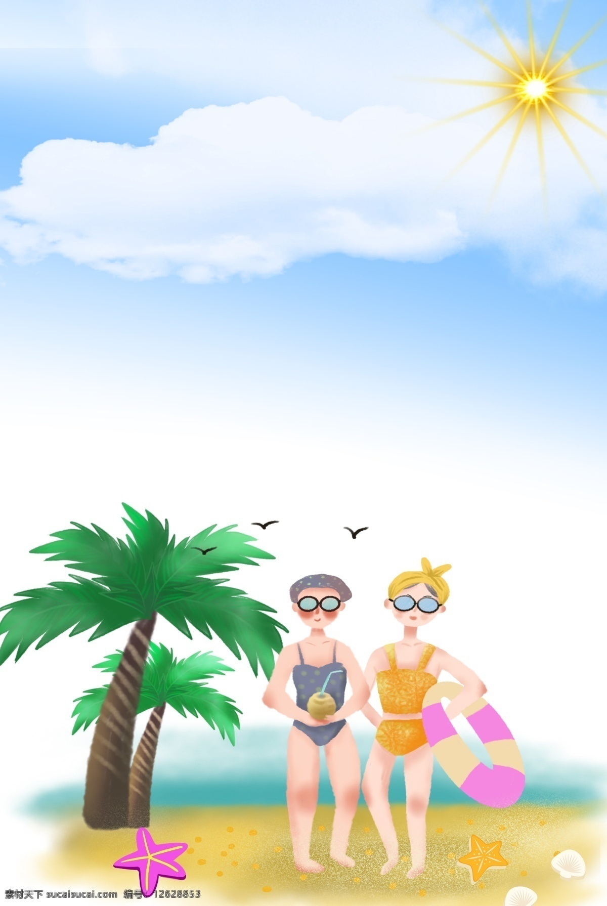夏季 清凉 夏日 背景 人 白云 天空 蓝天 海滩 鸟 海星 树 banner