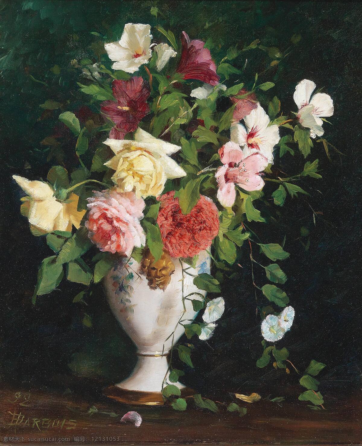静物鲜花 玫瑰 木槿 大丽花 白色花瓶 19世纪油画 油画 文化艺术 绘画书法