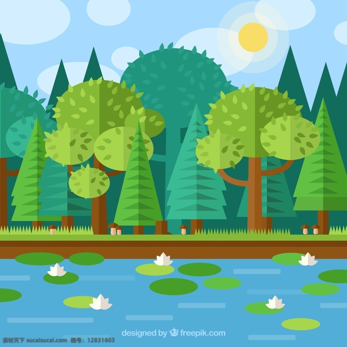 扁平化 荷花 池 树木 风景 矢量 荷花池 荷叶 树林 风景插画 太阳 矢量素材 小河